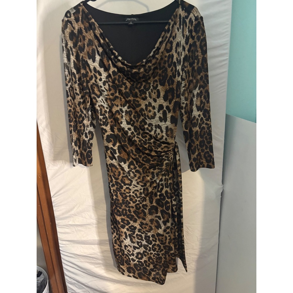 Tahari Arthur S. Levine Leopard Cowl Neck Ruched Sheath Dress Brown Size 12 1224